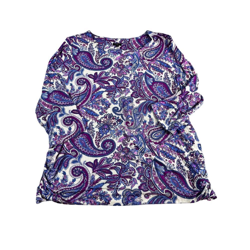 Talbots Plus 3X Paisley Tunic Top Purple Blue Rayon Ruched Sides Draped Hem